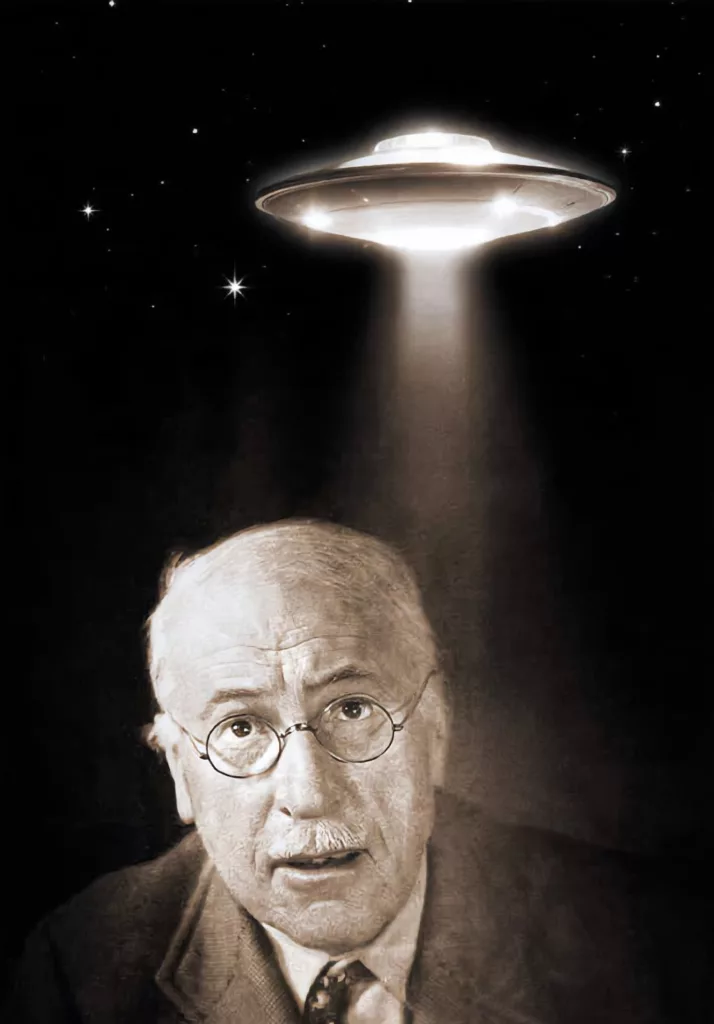 illustration du "un mythe moderne" de C. G. Jung observant une soucoupe volante